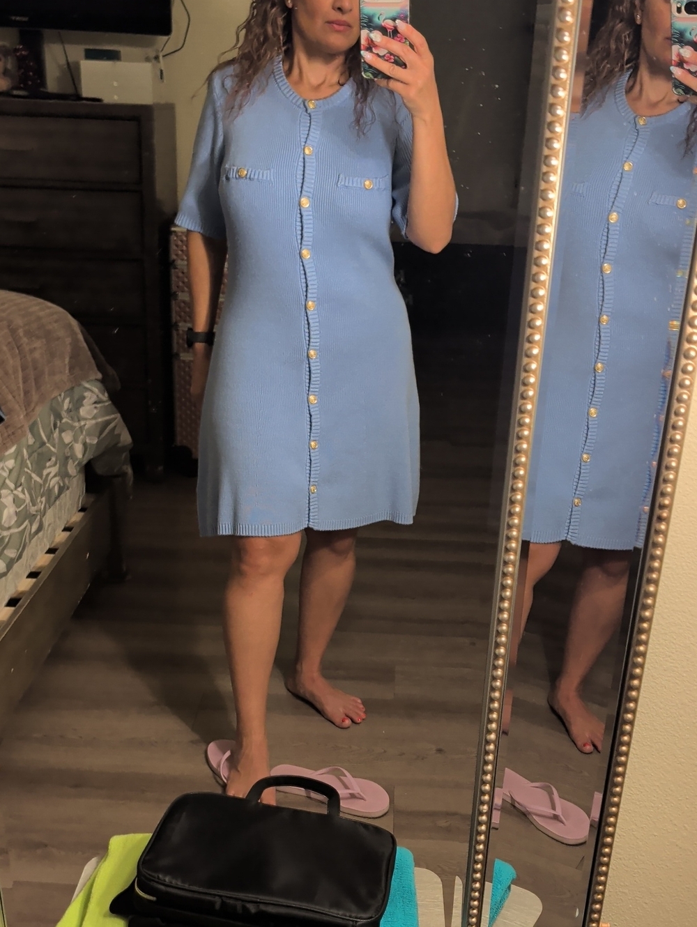 Light Blue Button-Front Knit Dress
